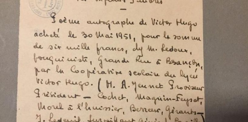 A HANDWRITTEN POEM BY VICTOR HUGO RESURFACES AT THE COLLÈGE VICTOR-HUGO IN BESANÇON